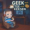 Geek mit Tee und Keksen